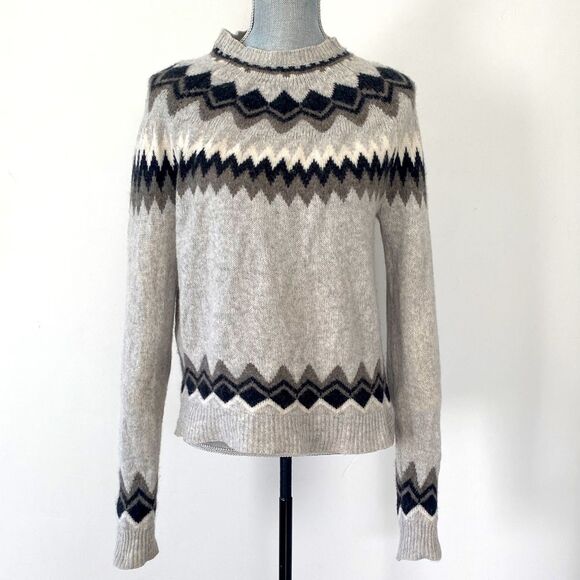 360 Cashmere Gray & Brown Aztec Sweater sz M Boho Academia Casual Luxury - Picture 1 of 13